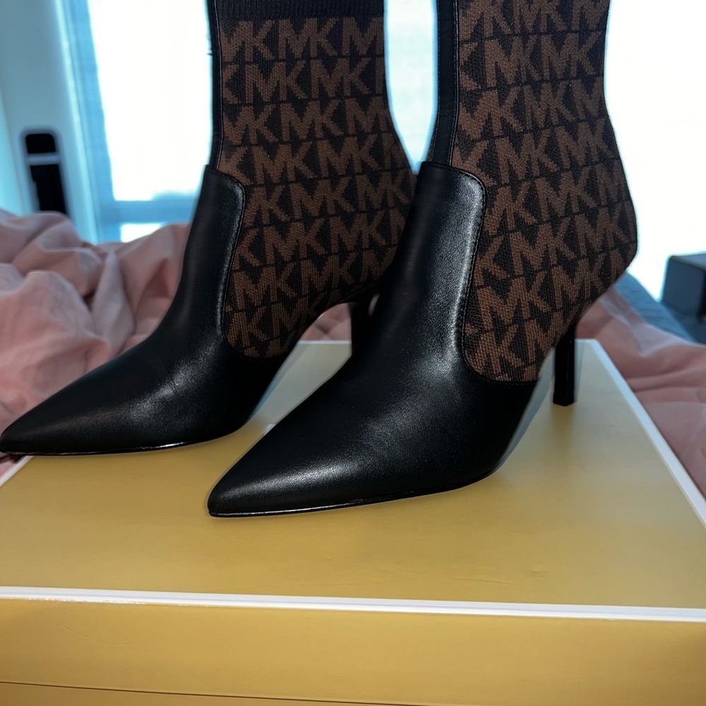Michael Kors Monogram Heeled Boots (Sock Booties) in Brown/Black - Picture 3 of 14